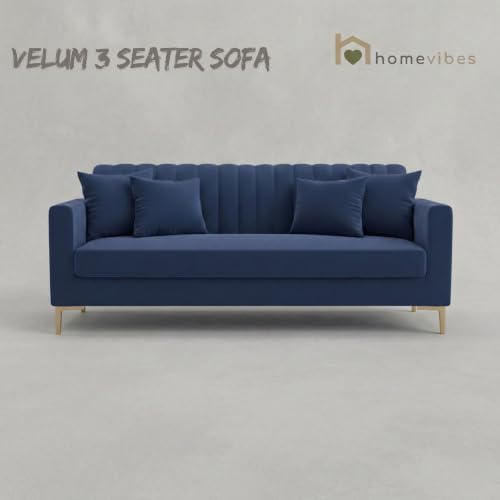Image of Velum 3 Seater Sofa for Living Room & Office | Premium Fabric Upholstery | Solid Wood Frame | Comfortable Seating | 3 Years Warranty (Blue, 3 Seater Sofa)