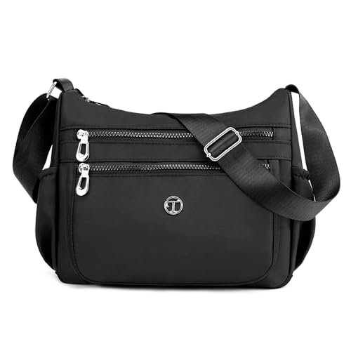 Sac à bandoulière femme en nylon noir léger avec plusieurs poches pour voyage