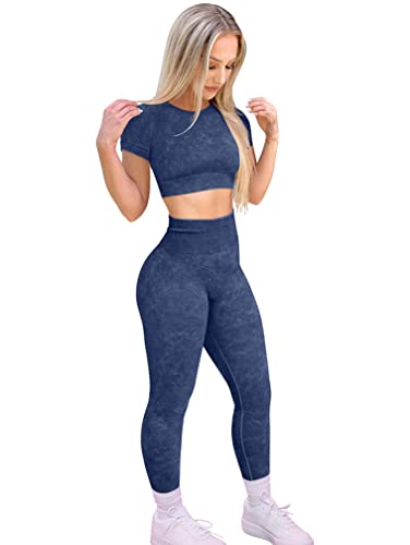HYZ Workout Sets for Women 2 Piece Acid Wash High Waist Leggings Gym Corp Top Outfits drakblue