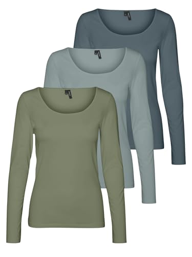 VERO MODA Damen VMMAXI My LS Soft UNECK 3-Pack, Oil Green/Abyss/Stormy Weather, XS – Ansicht 1
