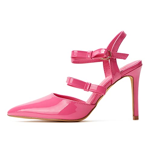 Hingswink Women’s Pointed Toe Ankle Strap Stiletto Bow Heels Sandals Pumps Closed Toe Shinny Patent Leather Heels Sandals With Bow For Women Office Party Prom Birthday Evening Dress Shoes, Pink6.5 #TOP1