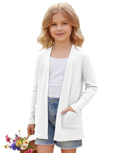Image of Girls Open Front Cardigan Casual Lightweight Long Sleeve Ribbed Knit Sweater Soft Outerwear Coat with Pockets