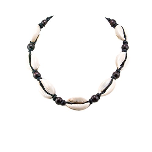 BlueRica Cowrie Shells on Black Cord Choker Necklace with Dark Brown Wood Beads