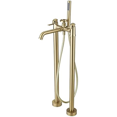 Bathfinesse Gold Freestanding Bathtub Faucet Floor Mount Tub Filler with Handheld Shower Two Handle Two Feet High Flow Rate Mixer Tap Bathroom Tub Faucet Cover
