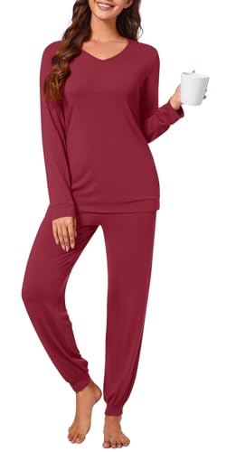 syoss Womens Pajama Set Long Sleeve Sleepwear Fall V-Neck Nightwear Soft Pjs 2 Piece Lounge Sets with Pockets