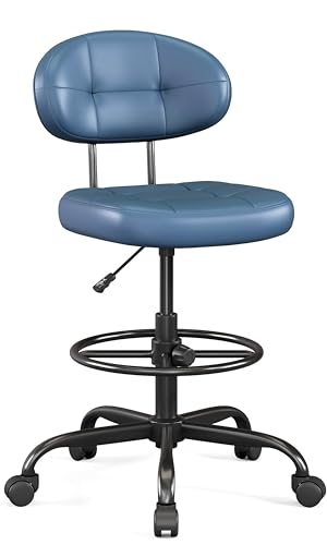 Image of Misolant Drafting Chair Without Arms, Tall Office Chair with Footrest Ring for Standing Desk, Small Faux Leather Executive Chair with Adjustable Height for Bar Lab Counter Height Desk, Navy Blue