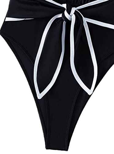 Hilinker Women's Tie Bow One Piece Swimsuit Deep V Neck Tummy Control Bathing Suit Black Medium #TOP4