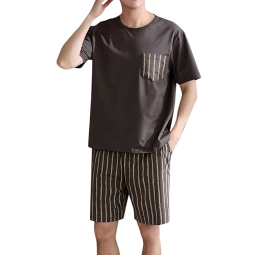 Image of Munweiyu Men's Short Pyjamas 2 Pack Leisure Suit 2-Piece Short Loungewear Trousers Checked and T-Shirt Lounge Set Short Sleeve Pyjamas Crew Neck Sleepwear Pyjamas 2 Sets Nightwear, bronze, 4XL