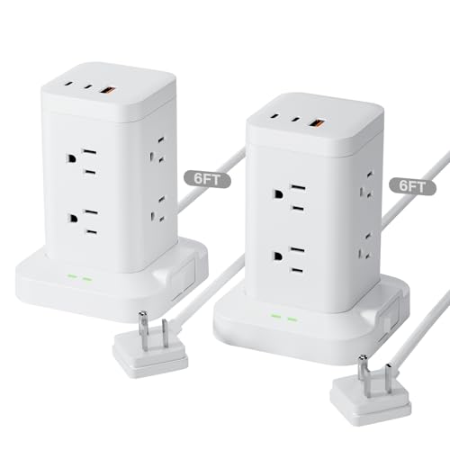 2Pack Power Strip Tower with Surge Protector 1800J, Fast Charging Tower PD20W USB-C Ports with 8 AC Outlets, 10ft Extension Cord for Home Office Dorm Room, White