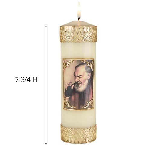 Saint Pio Prayer Candle, Serenity Pillar Candles Hand Decorated With Metallic Gold Tone Wax And Colored Image Of Padre, Religious Church Supplies, 7.75 Inches #TOP6