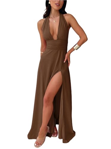 Ekaliy Womens Sexy Halter Deep V Neck Maxi Dress Sleeveless Backless Split Long Dress2
