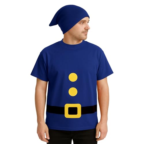 Cotwinter 1 Set Dwarf Gnome Costumes Dwarf T Shirt with Beanies Hats for Halloween Fancy Adult Party Costume Cosplay(Blue M)
