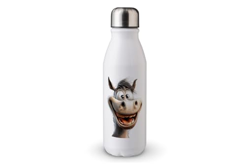 MAXIKIWI - Single Wall Water Drinking Bottle with Screw Cap, Non Insulated Lightweight Aluminium, BPA Free, Leak-Proof - Laughing Horses - 500ml