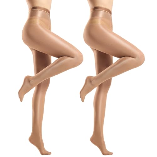 Yilanmy Shiny Pantyhose for Women Shimmer Tights Silk Ultra Oil Glossy Stockings 70D Footed Brown Dance Jazz Tights 2 Pairs (Brown S)