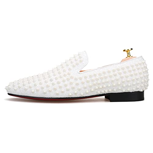 FERUCCI Men White Spikes Slippers Loafers Flat with Crystal GZ Rhinestone Prom Wedding