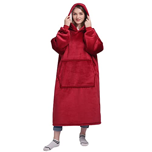Waitu Wearable Blanket Sweatshirt Gifts for Women and Men, Sherpa Wearable Blanket Adult, Oversized Blanket Hoodie Long, Thick Sherpa Blanket, Warm Body Blanket Robe - Red