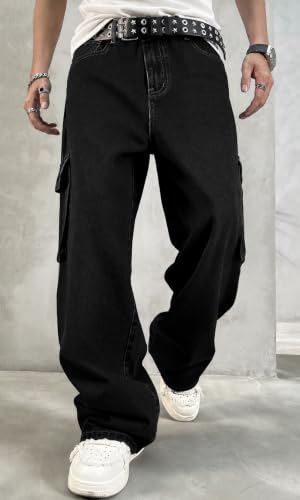 Mens Baggy Cargo Jeans Y2K Wide Leg Denim Pants with Design Streetwear Loose Fit Relaxed Hip Hop Jeans for Men - Image 3