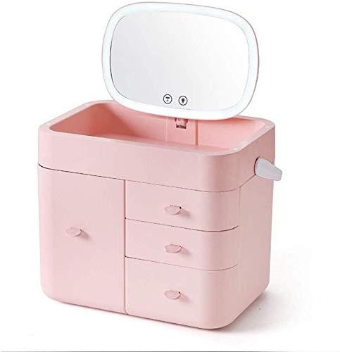 YXZQ Storage Box, LED Light Cosmetics Storage Box with Mirror Drawer Type Covered Rack Makeup Box Lipstick Skin Care Products Storage Box (Color : Pink)