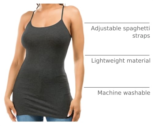 Image of Long Cotton Camisole Tank Tops for Women | Basic Braless Layering Tops with Adjustable Spaghetti Straps