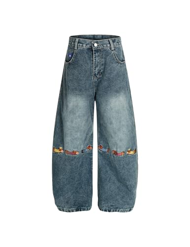 Aelfric Eden Dachshund Embroidery Baggy Barrel Jeans Wide Leg Y2K