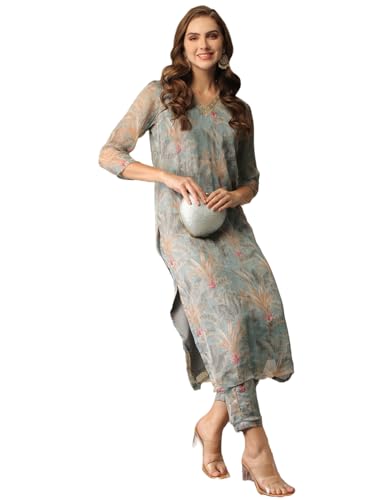 Image of GoSriKi Women's Cotton Blend Straight Printed Kurta with Pant (Feni Grey-NW-GS