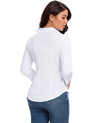 Womens Button Down Shirts Official Formal 3/4 Sleeve White Stretch Blouse Summer Dress Shirt3