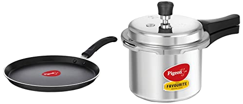 Pigeon by Stovekraft Special Non-Stick Flat Tawa (27cm)&Pigeon by Stovekraft Favourite Outer Lid Non Induction Pressure Cooker, 3ltrs&Pigeon Nonstick Duo Pack Flat Tawa 250 and Fry Pan 200 Gift Set