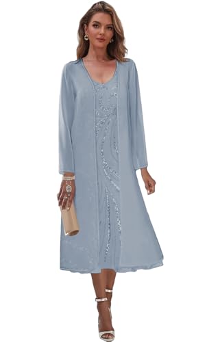 2 Pieces Mother of The Bride Dresses for Wedding Tea Length Formal Dress with Jacket Sequin Evening Gown