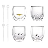 Latte Macchiato Doppelwandige Gläser Set,süße Kaffeetassen Bär Katze Cappuccino Tassen Thermo Gläser Milchbecher Coffee Cup(4 * 250 ml Doppelschichtglas in Tierform)