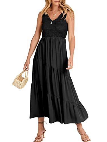 ANRABESS Women's Summer Casual Sleeveless V Neck Smocked Boho Asymmetric Tiered Beach Long Dress with Pockets A868-heise-S Black