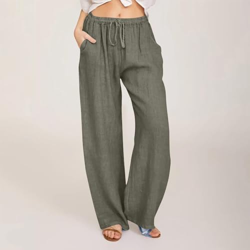 Women's Linen Wide Leg Pants 2024 Summer Casual High Waist Drawstring Palazzo Trousers