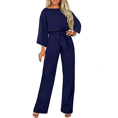 Mono de una pieza para mujer, elegante, para ceremonia, de pierna ancha, sexy, curvo, tallas grandes, para fiestas, ceremonias, jumpsuits, manga larga, vestidos de noche enteros, azul marino, XXL