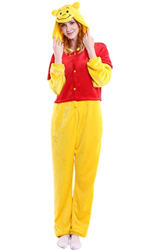 Dolamen Adulte Unisexe Kigurumi Combinaison Pyjama Onesies, Femme Homme Fleece Anime Cosplay Halloween Xmas Fête Costume Soirée de Déguisement Vêtement de Nuit (Medium (61'-65'), Winnie)