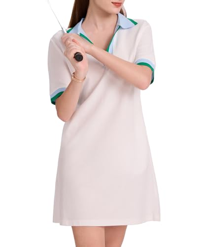 Image of WOWULOVELY Polo Dress for Women V Neck Casual Short Sleeve Mini Shirt Dress Flowy Contrast Color Golf Tennis A Line Dresses(White-M)