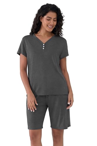 Image of Joyaria Cooling Pajamas Bamboo Viscose PJs Bermuda Shorts Set Women Henley Neck Summer Moisture Wicking Sleepwear