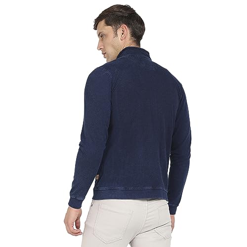 Image of Campus Sutra Men's Navy Blue Zip-Front Dark-Wash Denim Jacket For Casual Wear | High Neck | Long Sleeve | Zipper Closure | Cotton Jacket Crafted With Comfort Fit For Regular Wear