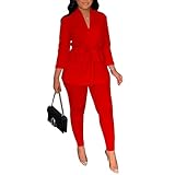 Women's Sexy Business Suit for Women Long Sleeve Drawstring Blazer with Pants Sets Casual Elegant Office 2 Piece Outfits Red S
