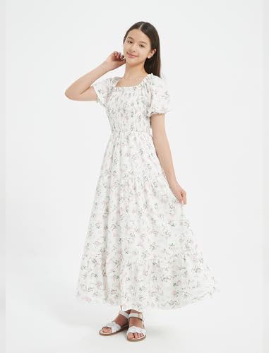 EXARUS Girls Maxi Long Smocked Dress Tween Swiss Dots Summer Square Neck Short Sleeve Casual A-line Dresses for 6-12Y2