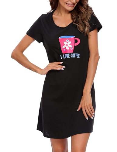 Image of ENJOYNIGHT Womens Cotton Nightgown Short Sleeve Sleepshirt Print Nightshirt | Short-Sleeve Crew Neck, Soft Cotton Fabric, Cartoon Printed Sleep Shirt, Loose Fit