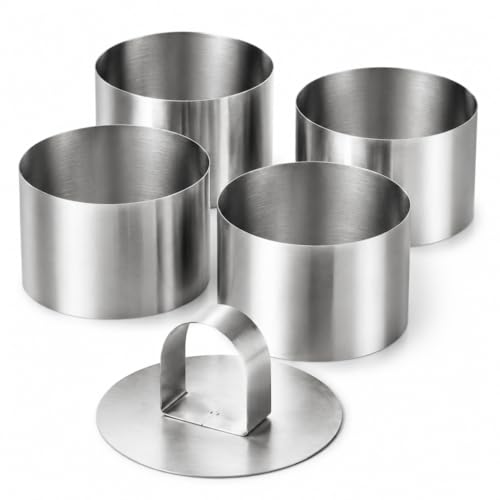 XxinXrong 4 Stück Dessertringe 8cm Servierringe Speiseringe Runde Kuchenringe Edelstahl Mousse Ringe Mini Tortenringe Klein Backringe KuchenForm Lebensmittel Pressen Ringe mit Pushers