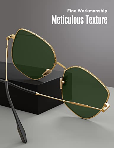 Image of LUENX Square Sunglasses for Women Oversized-Trendy Polygon Flat Three dimensional Rhombic Loop Wire Frame PC Lens, Gold Frame /Mirrored Pink Lens,
