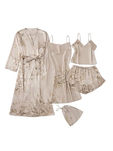 GORGLITTER Women's 5 Piece Floral Print Satin Silk Pajama Set Nightgown Robe Cami Shorts Sleepwear Pj Sets