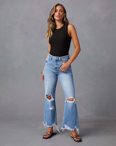 Women's Ripped Flared Jeans High Waisted Distressed Hem with Frayed Edges Boyfriend Wide Leg Denim Pants2