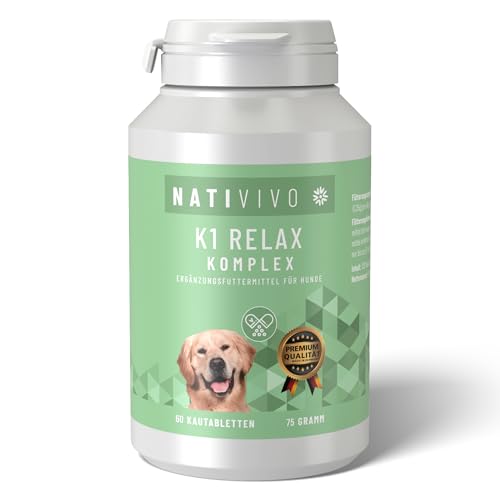 NATIVIVO K1 Relax Komplex Beruhigungsmittel für Hunde - Baldrian Hanföl & L Tryptophan Hund Beruhigung - Hunde Beruhigungsmittel unterstützend bei Angst & Stress - Beruhigung Hund - 60 Tabletten
