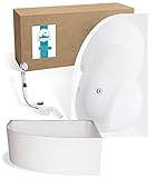 Calmwaters® Raumsparbadewanne Komplettset 150x100 cm mit Wannenträger & Ablaufgarnitur, Acrylwanne Curved linkes Modell, Sitzbadewanne, Set Badewanne komplett, Eckwanne 150 x 100 cm, Weiß, 99000161