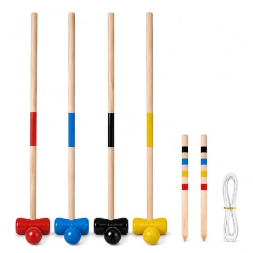 ZCCREATTIVE Wooden Croquet Set for 4 Players, 4 Mallets, 4 Balls, 2 Stakes, 10 Wickets, Classic Outdoor Lawn Game (Small Croquet)