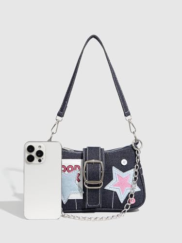 Image of Cute Y2k Purse for Women, Star Embroidery Pattern with Chain Strap Shoulder Bag, Goth Style Cute Mini Purse
