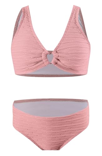 Girl's Cute Two Piece Bikini Set High Waisted Bathing Suits V Neck Bikini Sets Ribbed O-Ring String Swimsuits Pink 12-13 Years