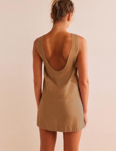 Image of VIUTIL Womens Summer Linen Mini Dress Boat Neck Low Back Sleeveless Tank Dresses with Pockets 2026 Vacation Outfits