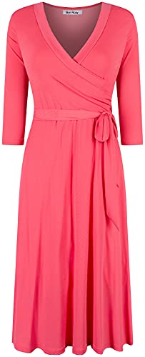 Image of Women's 3 /4 Sleeve V-Neck Printed Knee Length Midi Faux Wrap Floral Dress Coral L